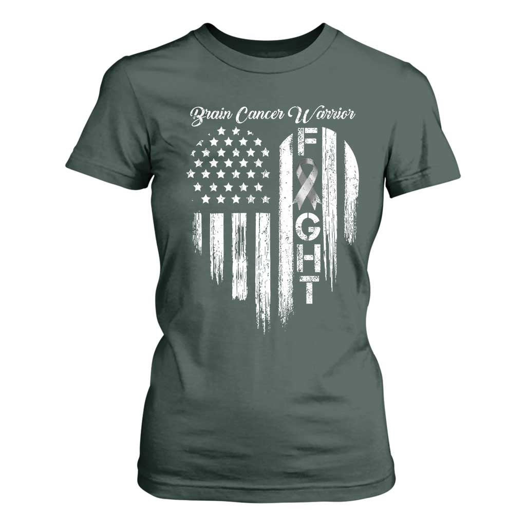 Brain Cancer Warrior T Shirt For Women Fight Gray Ribbon American Flag Heart TS10 Dark Forest Green Print Your Wear