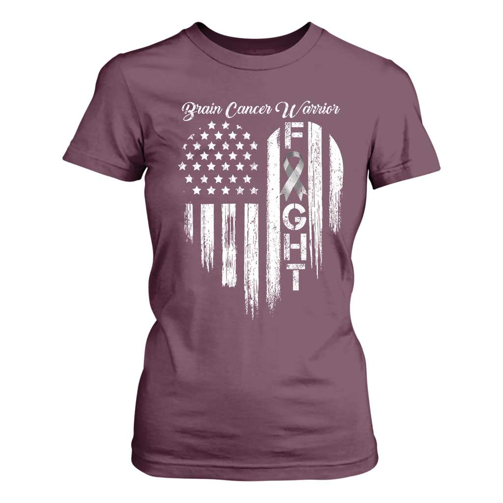 Brain Cancer Warrior T Shirt For Women Fight Gray Ribbon American Flag Heart TS10 Maroon Print Your Wear