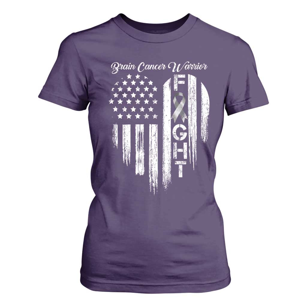Brain Cancer Warrior T Shirt For Women Fight Gray Ribbon American Flag Heart TS10 Purple Print Your Wear