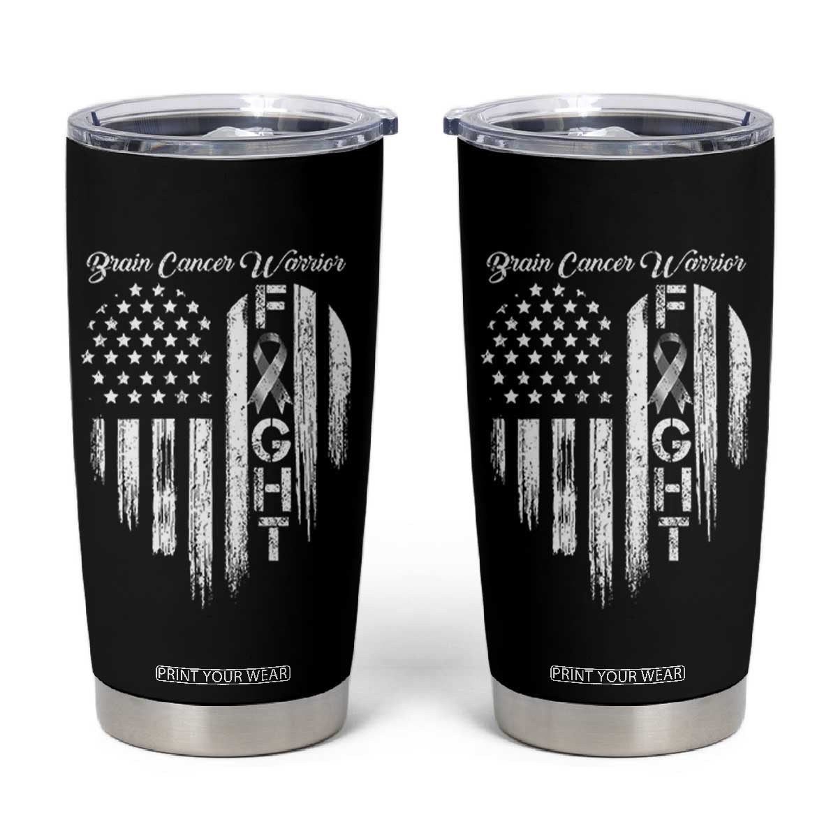 Brain Cancer Warrior Tumbler Cup Fight Gray Ribbon American Flag Heart TS10 Black Print Your Wear