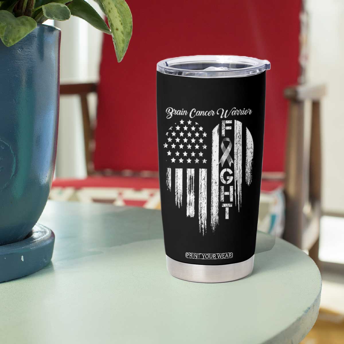 Brain Cancer Warrior Tumbler Cup Fight Gray Ribbon American Flag Heart TS10 Print Your Wear