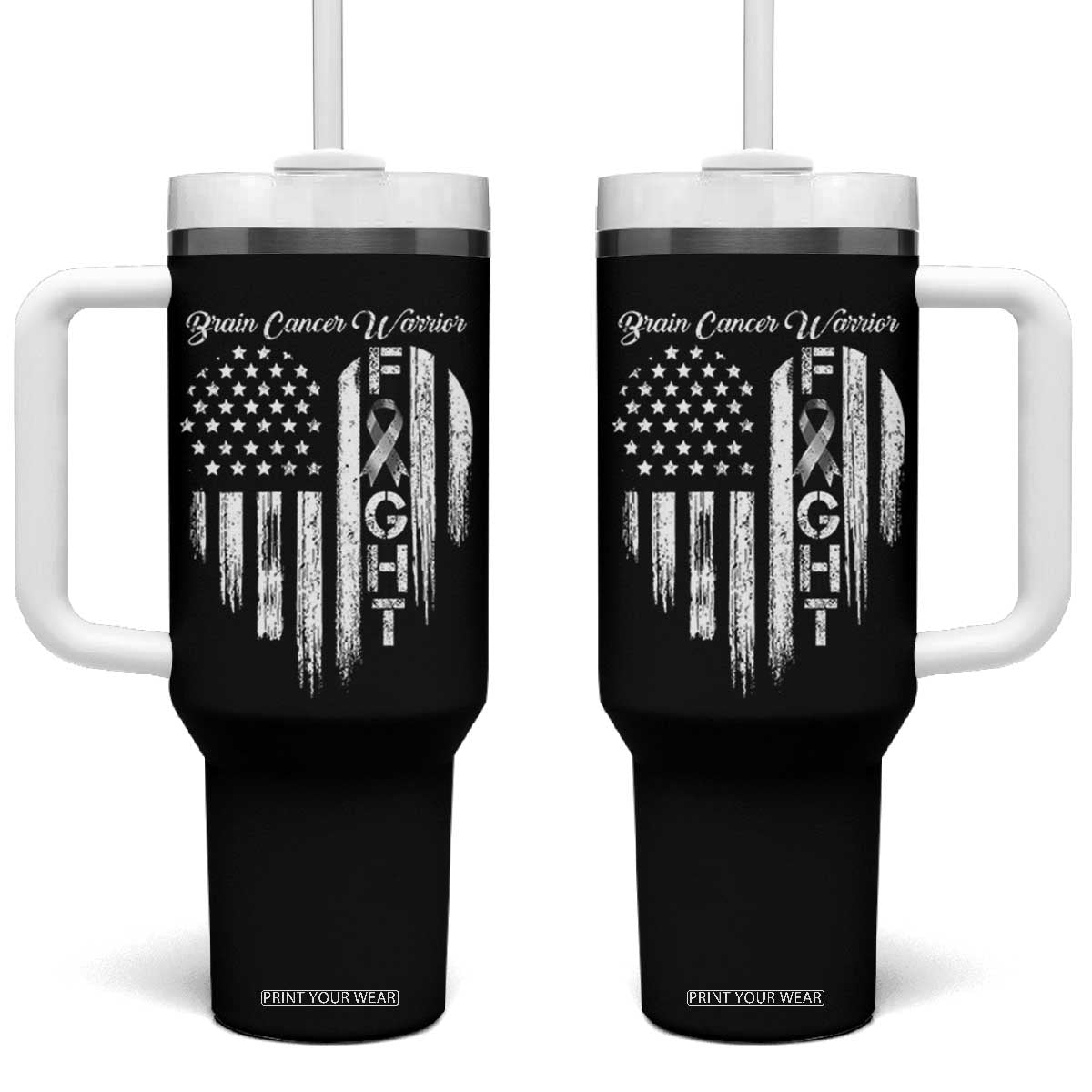 Brain Cancer Warrior Tumbler With Handle Fight Gray Ribbon American Flag Heart TS10 One Size: 40 oz Black Print Your Wear