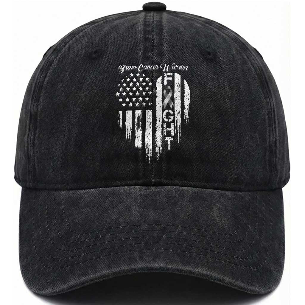 Brain Cancer Warrior Washed Cotton Baseball Cap Fight Gray Ribbon American Flag Heart TS10 Washed Cap Universal Fit Black Print Your Wear