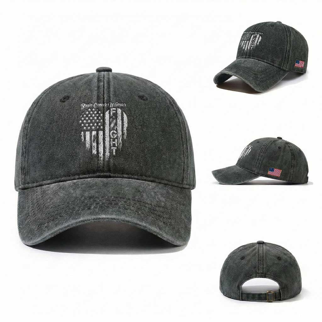 Brain Cancer Warrior Washed Cotton Baseball Cap Fight Gray Ribbon American Flag Heart TS10 Washed Cap Universal Fit Dark Green Print Your Wear