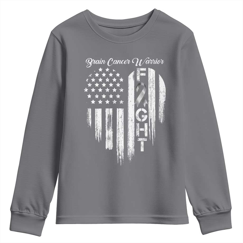 Brain Cancer Warrior Youth Sweatshirt Fight Gray Ribbon American Flag Heart TS10 Charcoal Print Your Wear