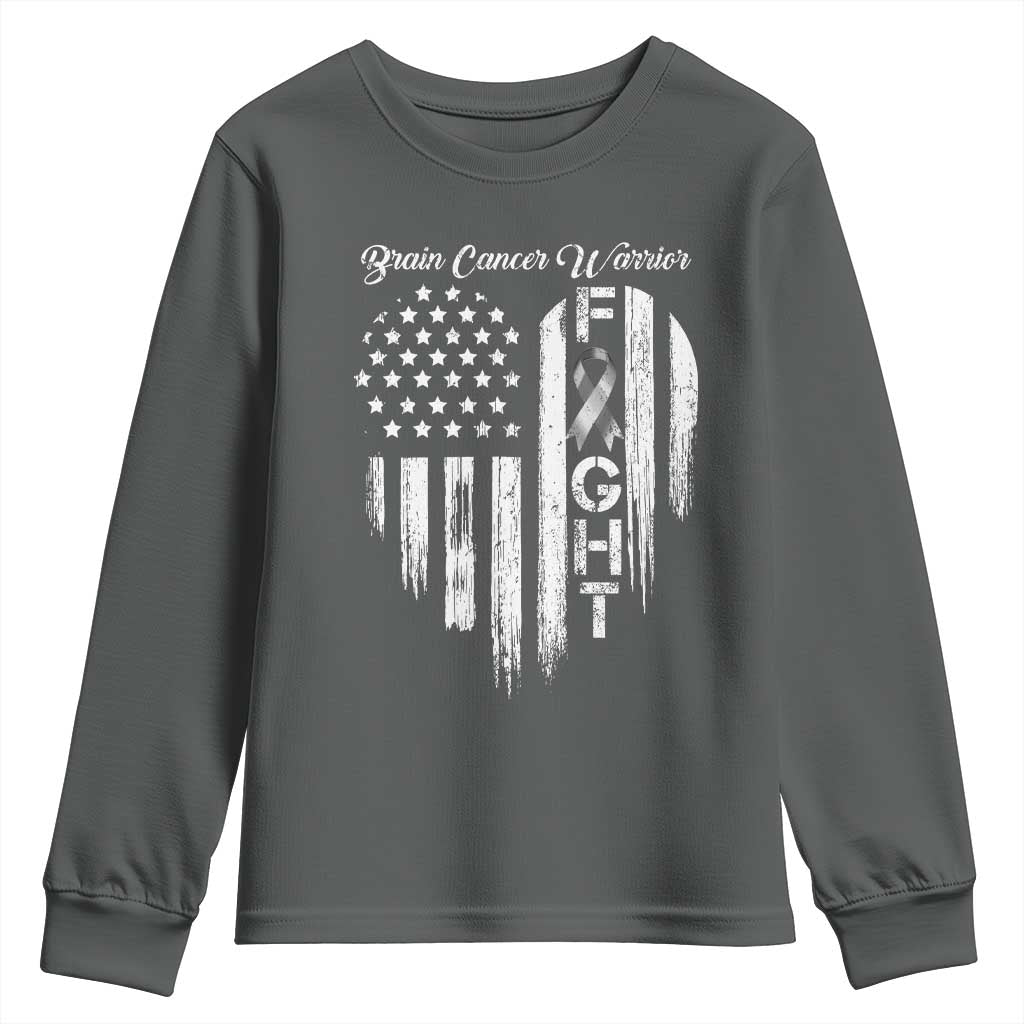 Brain Cancer Warrior Youth Sweatshirt Fight Gray Ribbon American Flag Heart TS10 Dark Heather Print Your Wear