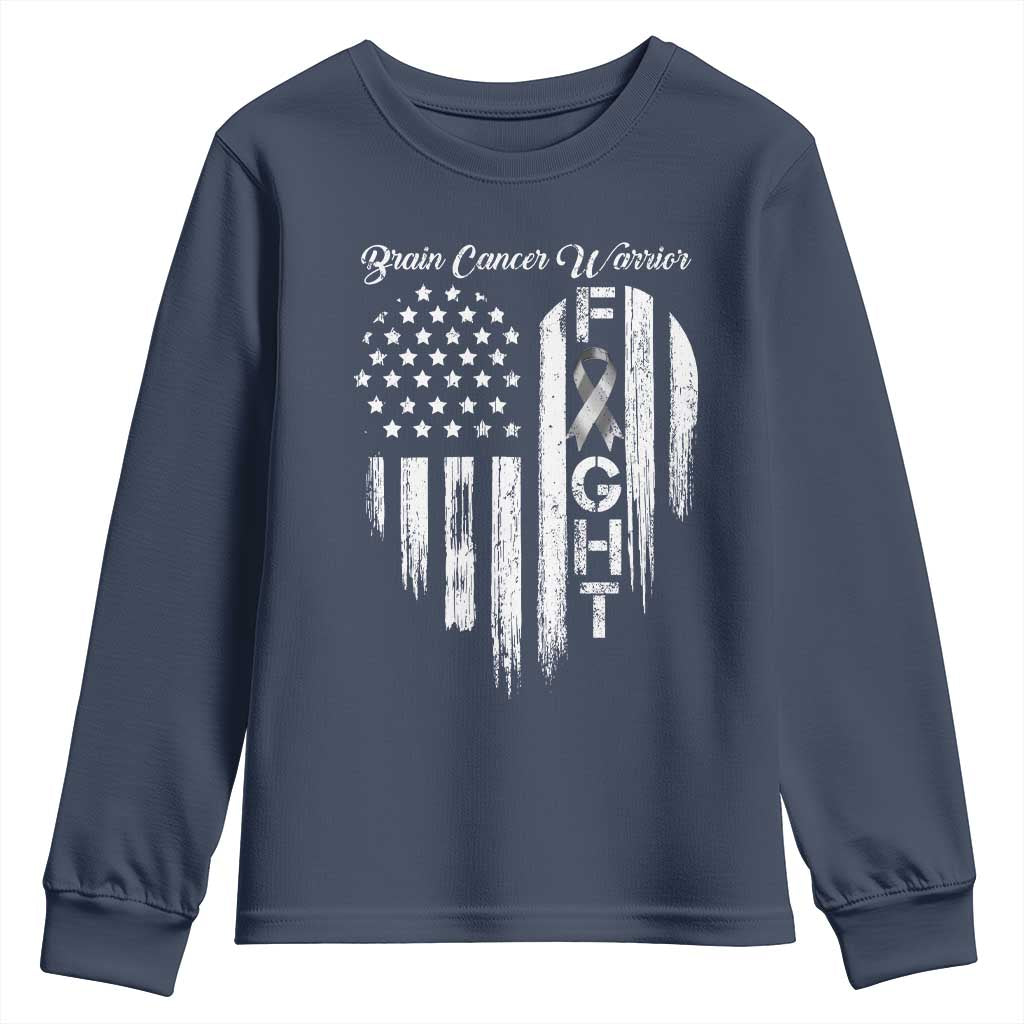 Brain Cancer Warrior Youth Sweatshirt Fight Gray Ribbon American Flag Heart TS10 Navy Print Your Wear