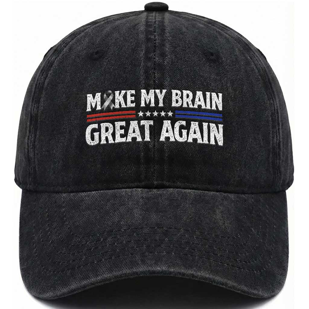 Funny Brain Surgery Recovery Washed Cotton Baseball Cap Make My Brain Great Again Gray Ribbon TS10 Washed Cap Universal Fit Black Print Your Wear