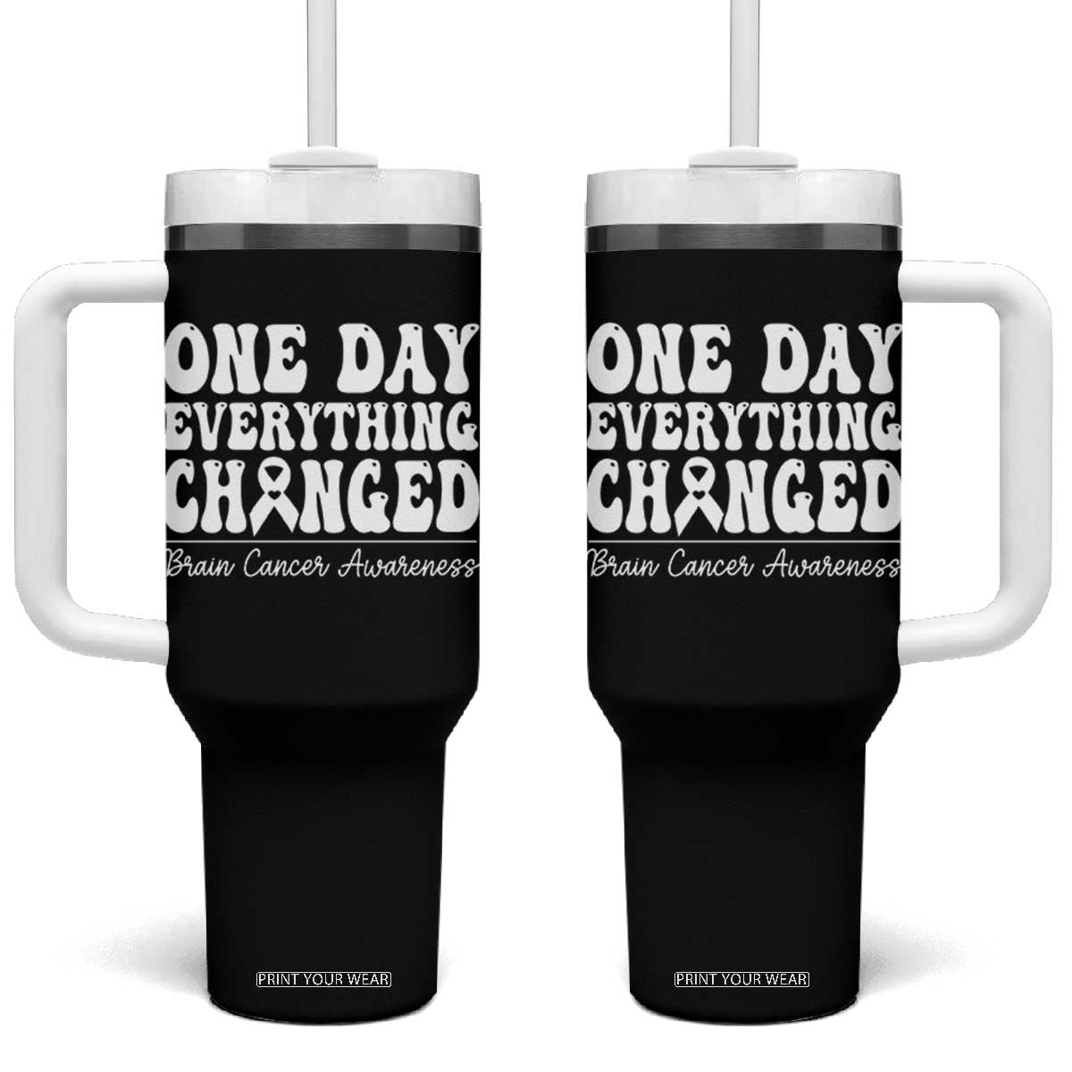 Brain Cancer Awareness Tumbler With Handle Fight Brain Tumor Cure Groovy TS10 One Size: 40 oz Black Print Your Wear