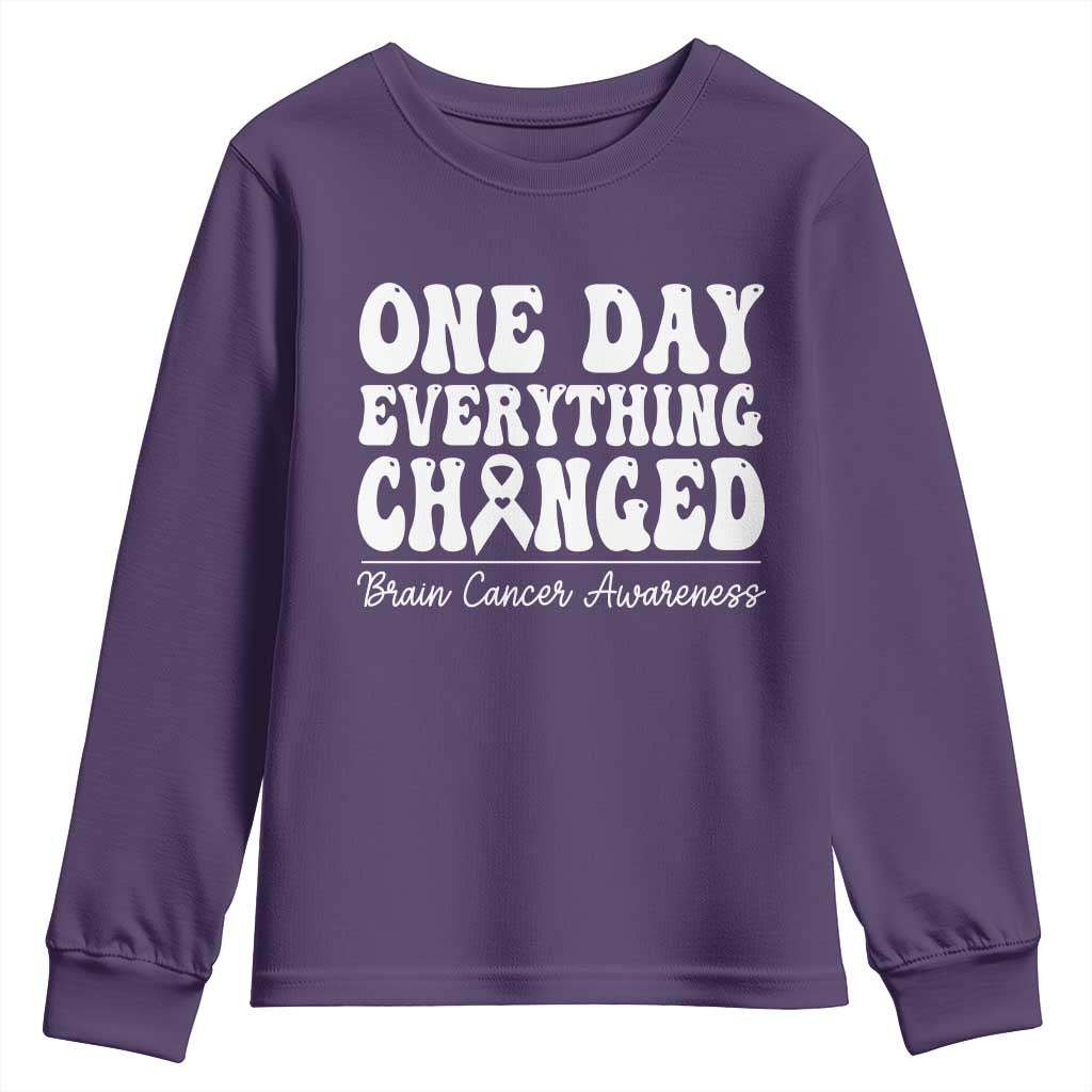 Brain Cancer Awareness Youth Sweatshirt Fight Brain Tumor Cure Groovy TS10 Purple Print Your Wear