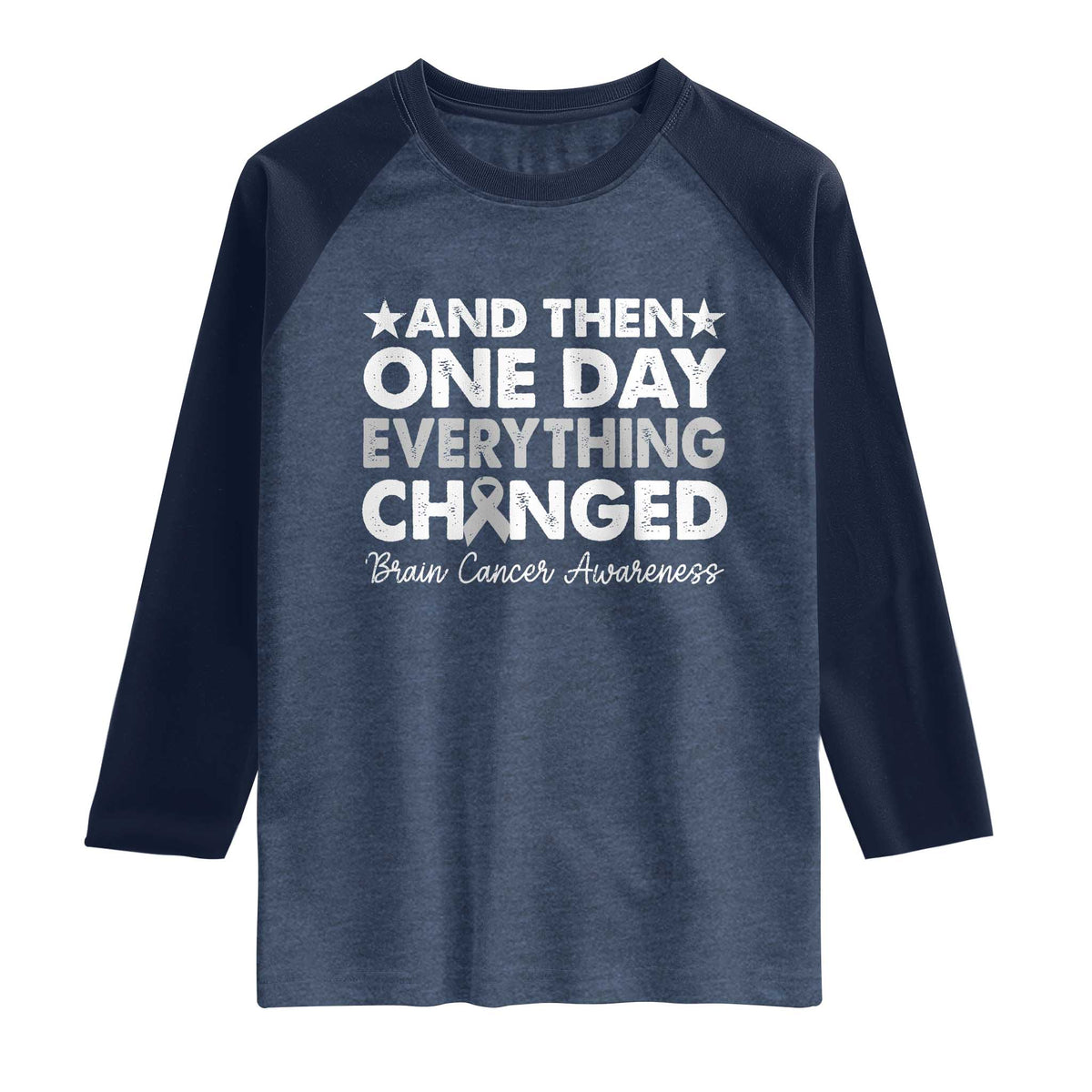 Brain Cancer Awareness Raglan Shirt Retro Fight Brain Tumor Cure Gray Ribbon TS10 Heather Denim Navy Print Your Wear