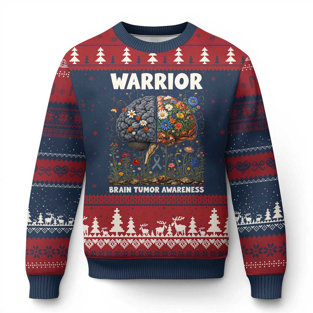 Brain Tumor Warrior Ugly Christmas Sweater Gray Ribbon Brain Cancer Awareness TS10 Navy Red Print Your Wear