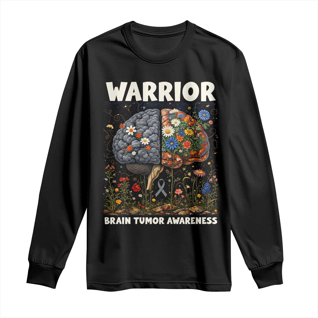 Brain Tumor Warrior Long Sleeve Shirt Gray Ribbon Brain Cancer Awareness TS10 Black Print Your Wear