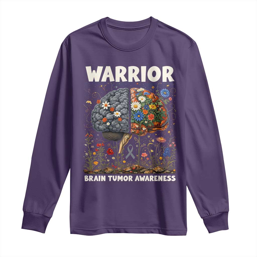 Brain Tumor Warrior Long Sleeve Shirt Gray Ribbon Brain Cancer Awareness TS10 Purple Print Your Wear