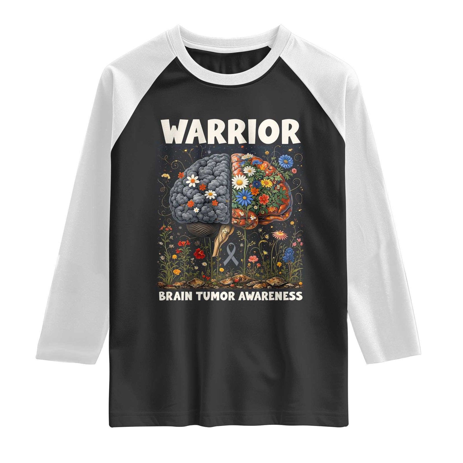 Brain Tumor Warrior Raglan Shirt Gray Ribbon Brain Cancer Awareness TS10 Black White Print Your Wear