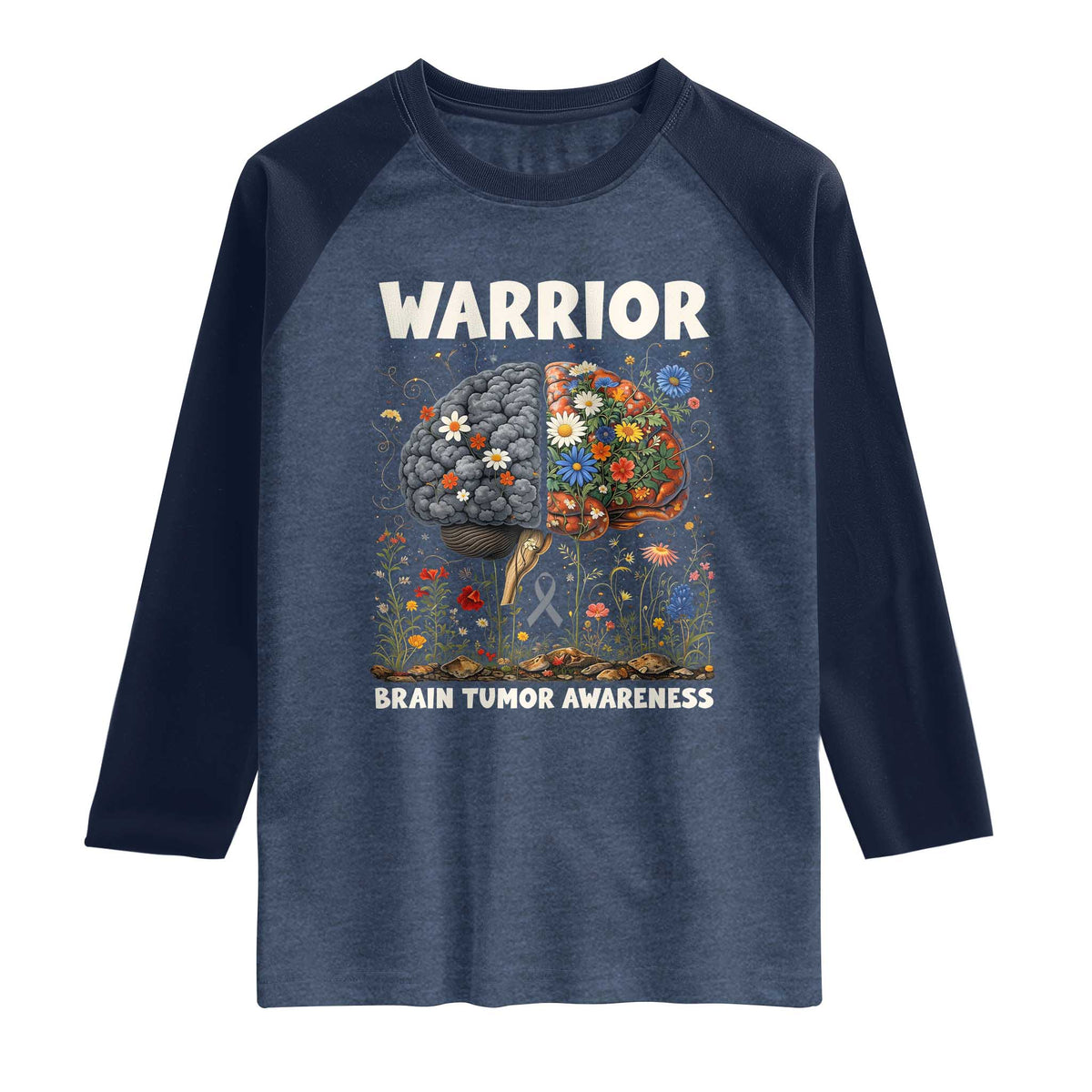 Brain Tumor Warrior Raglan Shirt Gray Ribbon Brain Cancer Awareness TS10 Heather Denim Navy Print Your Wear