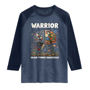 Brain Tumor Warrior Raglan Shirt Gray Ribbon Brain Cancer Awareness TS10 Heather Denim Navy Print Your Wear