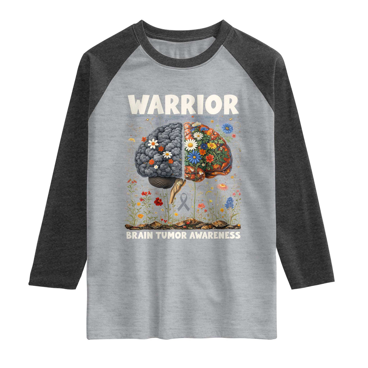 Brain Tumor Warrior Raglan Shirt Gray Ribbon Brain Cancer Awareness TS10 Heather Gray Heather Charcoal Print Your Wear