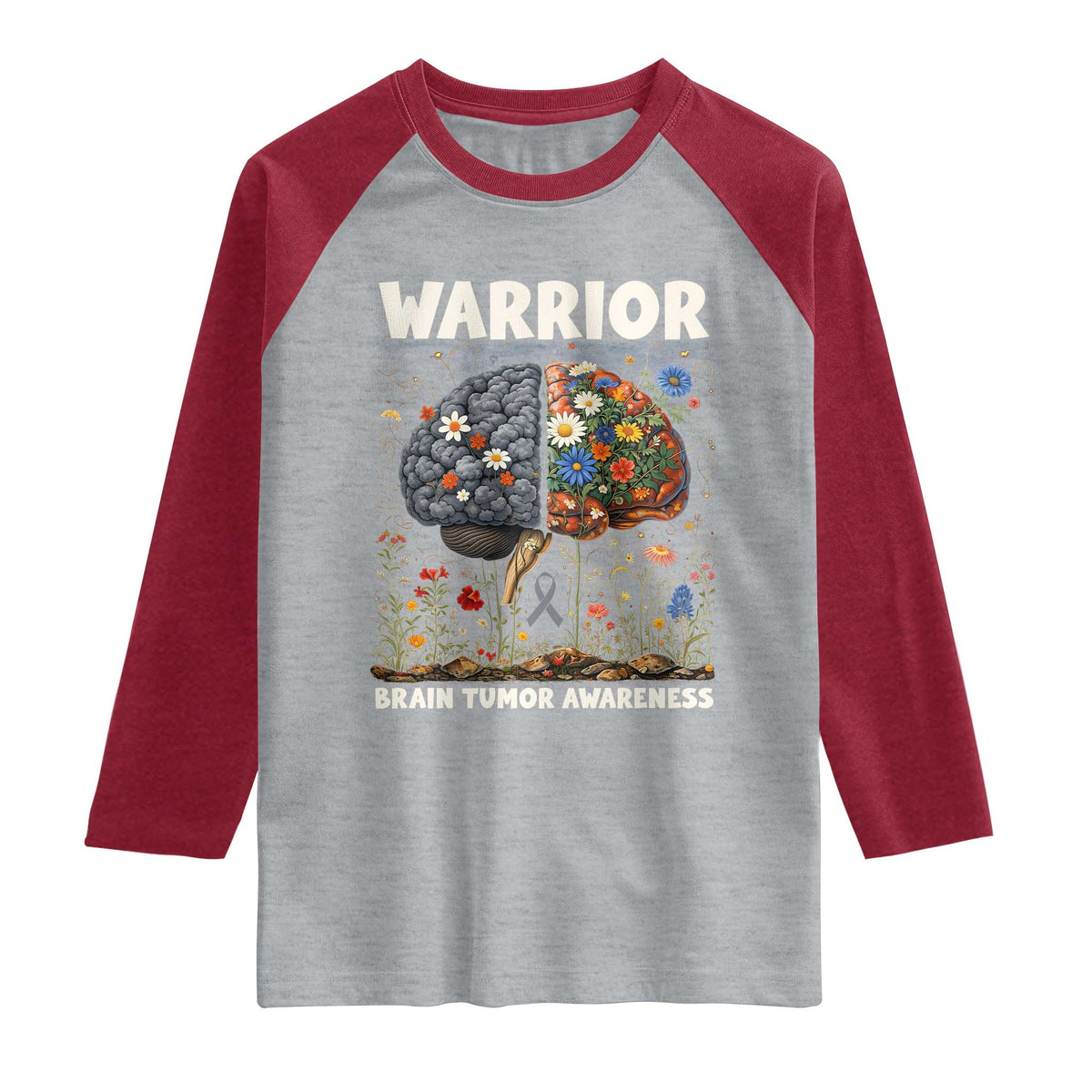 Brain Tumor Warrior Raglan Shirt Gray Ribbon Brain Cancer Awareness TS10 Heather Gray Heather Red Print Your Wear