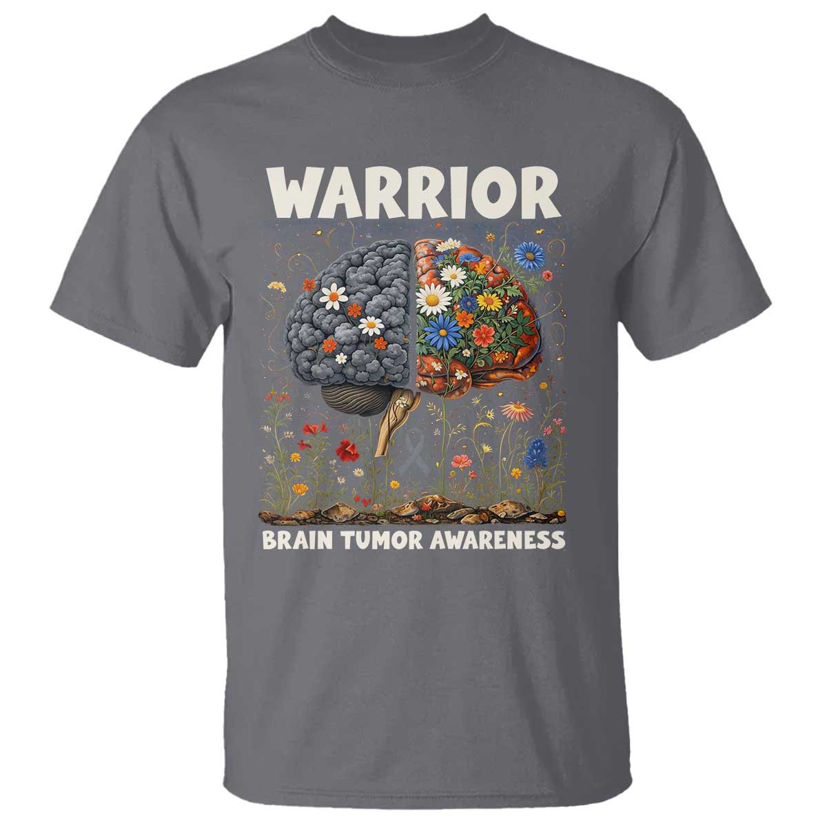 Brain Tumor Warrior T Shirt Gray Ribbon Brain Cancer Awareness TS10 Charcoal Print Your Wear