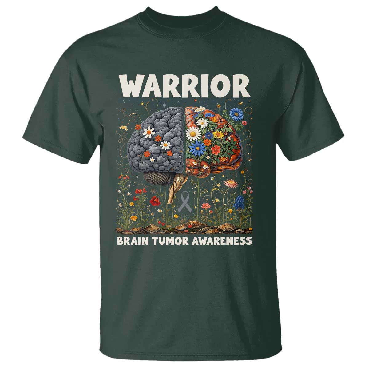 Brain Tumor Warrior T Shirt Gray Ribbon Brain Cancer Awareness TS10 Dark Forest Green Print Your Wear