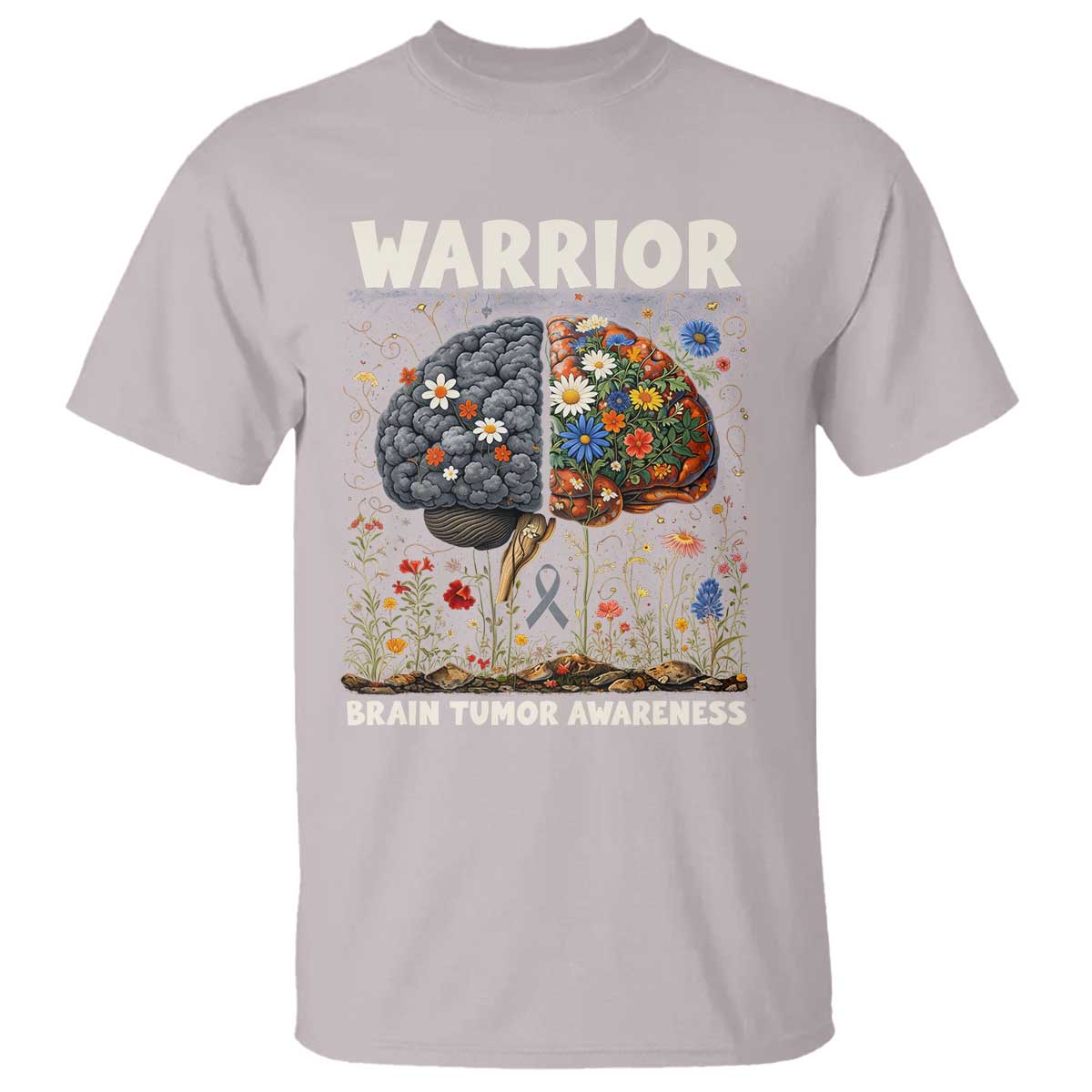 Brain Tumor Warrior T Shirt Gray Ribbon Brain Cancer Awareness TS10 Ice Gray Print Your Wear