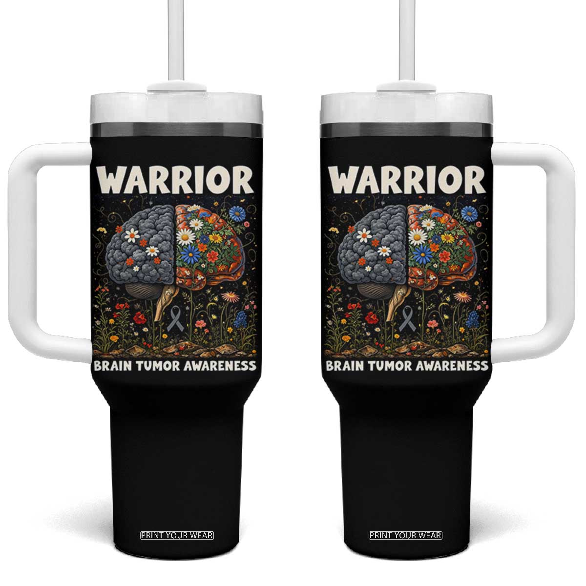 Brain Tumor Warrior Tumbler With Handle Gray Ribbon Brain Cancer Awareness TS10 One Size: 40 oz Black Print Your Wear