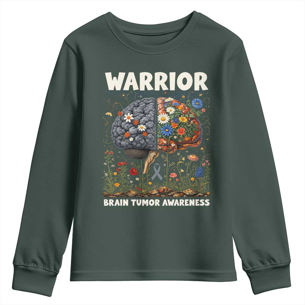 Brain Tumor Warrior Youth Sweatshirt Gray Ribbon Brain Cancer Awareness TS10 Dark Forest Green Print Your Wear