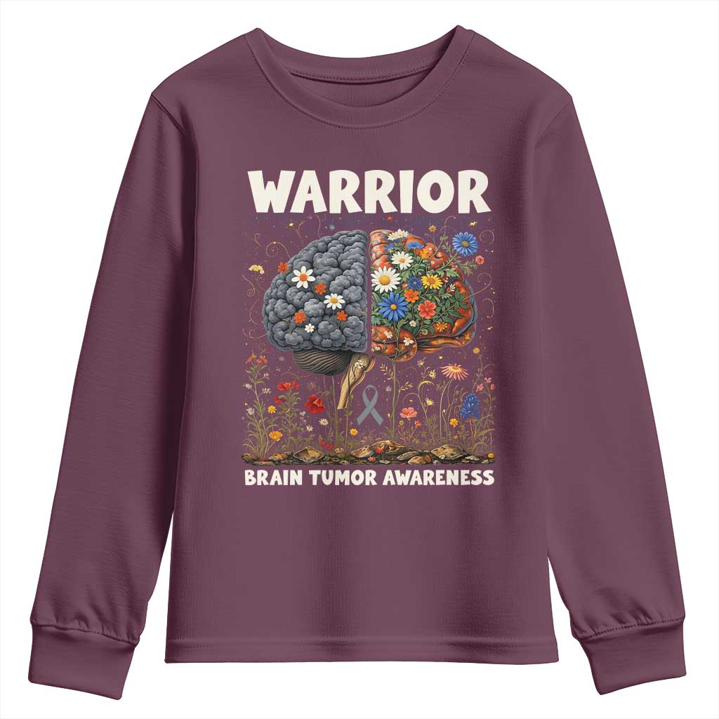 Brain Tumor Warrior Youth Sweatshirt Gray Ribbon Brain Cancer Awareness TS10 Maroon Print Your Wear