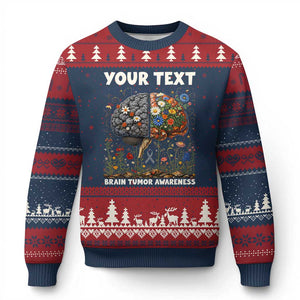 Personalized Brain Tumor Warrior Ugly Christmas Sweater Custom Name Gray Ribbon Brain Cancer Awareness TS10 Navy Red Print Your Wear