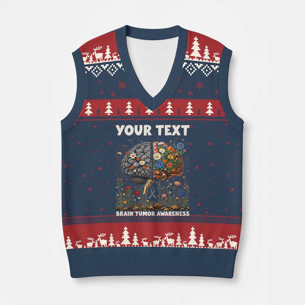 Personalized Brain Tumor Warrior V-Neck Knit Sweater Vest Custom Name Gray Ribbon Brain Cancer Awareness TS10 Navy Red Print Your Wear