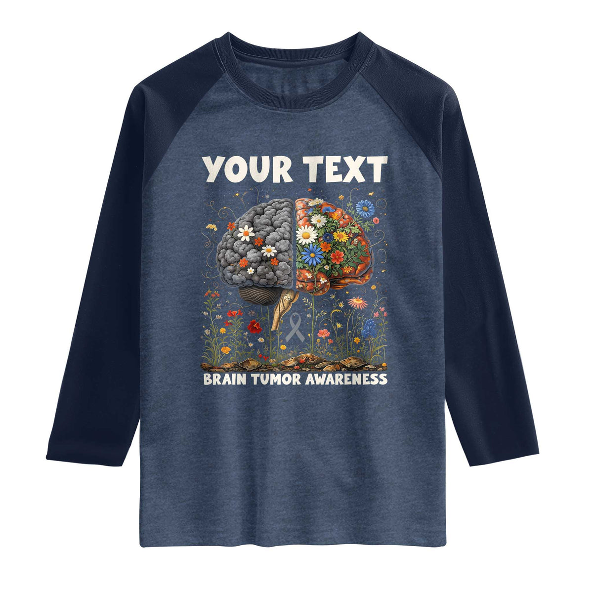 Personalized Brain Tumor Warrior Raglan Shirt Custom Name Gray Ribbon Brain Cancer Awareness TS10 Heather Denim Navy Print Your Wear