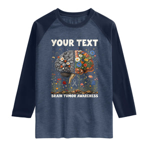 Personalized Brain Tumor Warrior Raglan Shirt Custom Name Gray Ribbon Brain Cancer Awareness TS10 Heather Denim Navy Print Your Wear