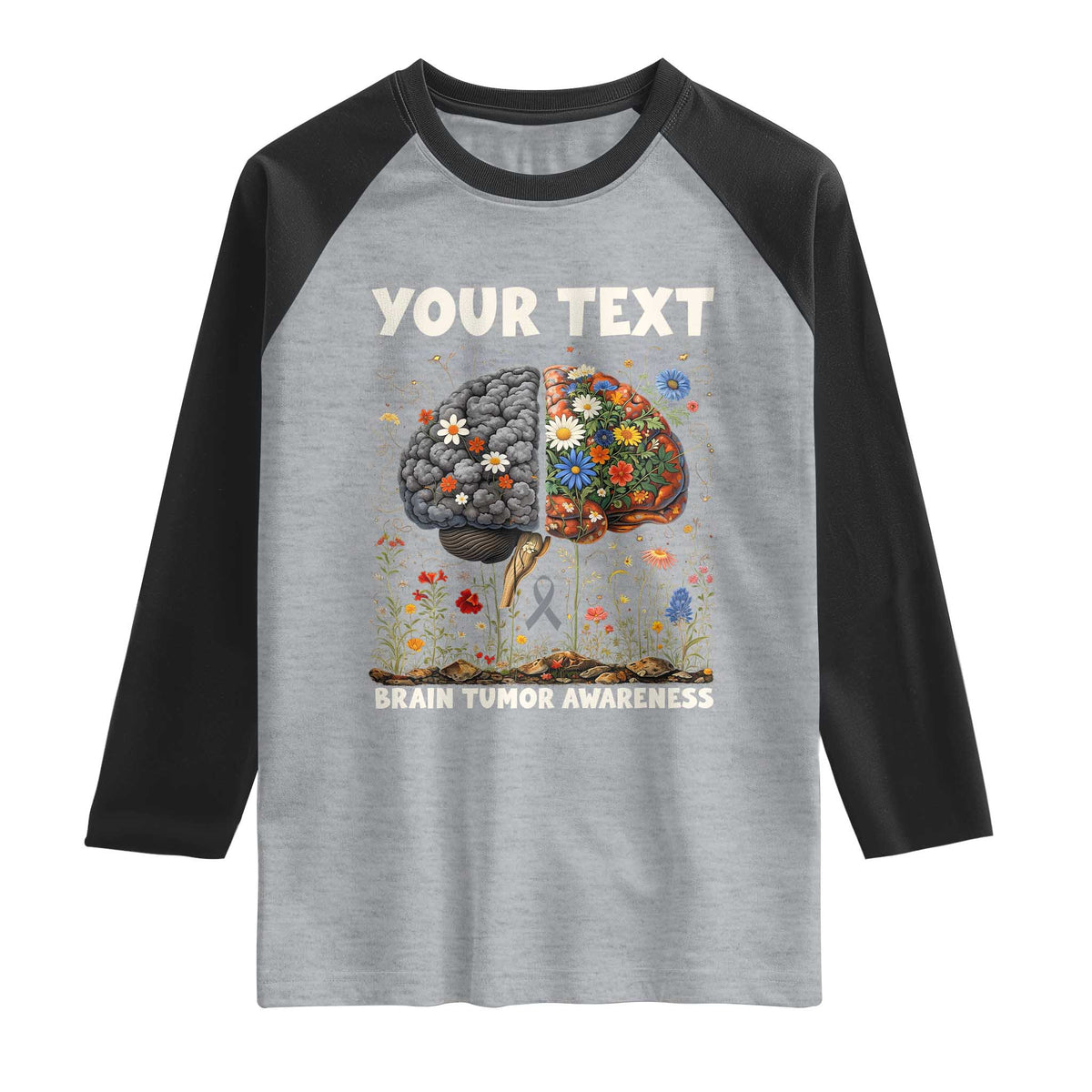 Personalized Brain Tumor Warrior Raglan Shirt Custom Name Gray Ribbon Brain Cancer Awareness TS10 Heather Gray Black Print Your Wear