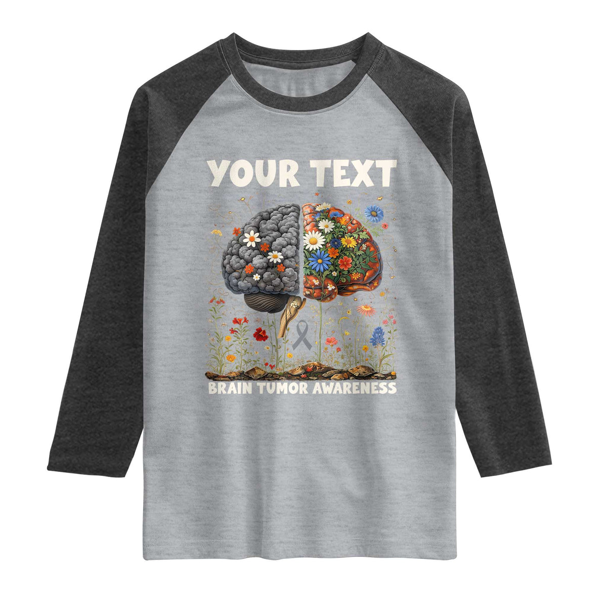 Personalized Brain Tumor Warrior Raglan Shirt Custom Name Gray Ribbon Brain Cancer Awareness TS10 Heather Gray Heather Charcoal Print Your Wear