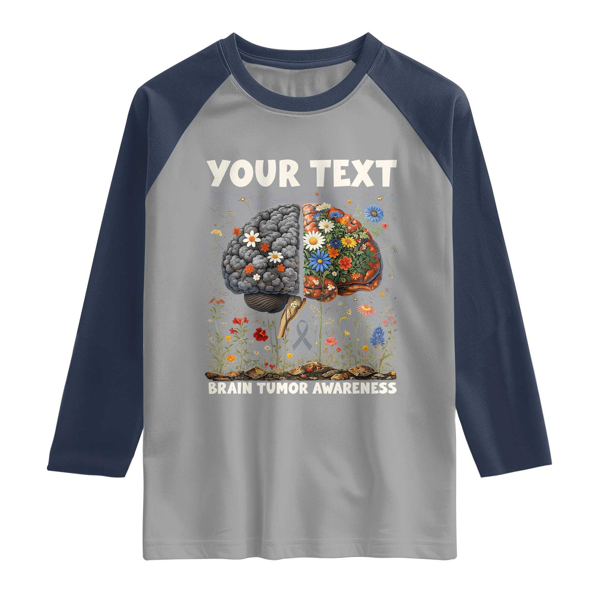 Personalized Brain Tumor Warrior Raglan Shirt Custom Name Gray Ribbon Brain Cancer Awareness TS10 Sport Gray Navy Print Your Wear
