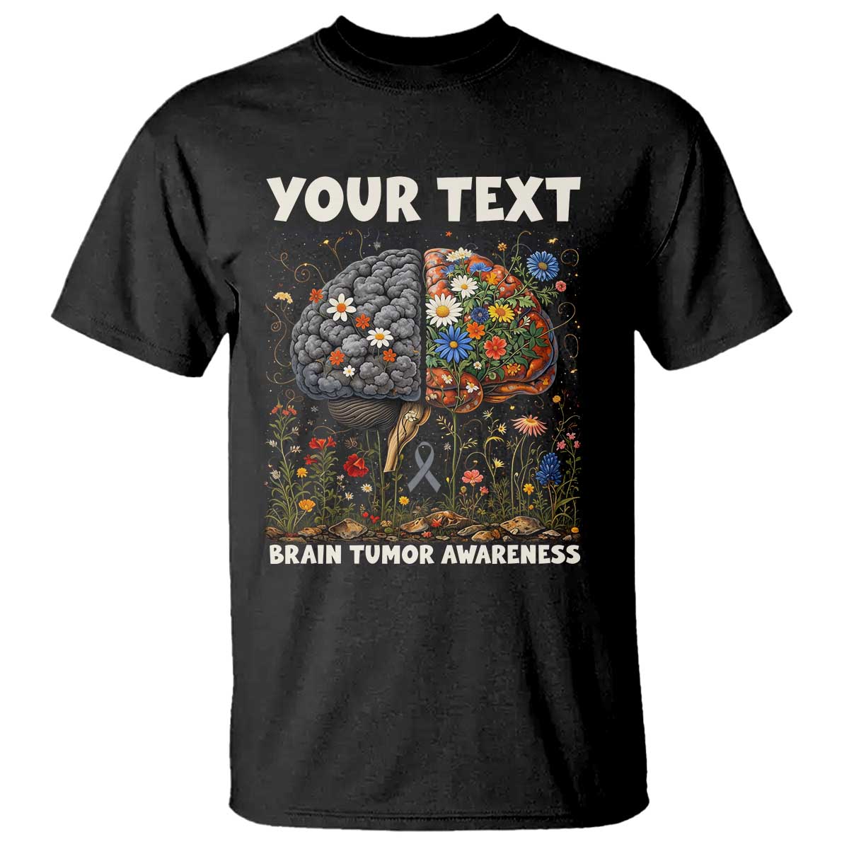 Personalized Brain Tumor Warrior T Shirt Custom Name Gray Ribbon Brain Cancer Awareness TS10 Black Print Your Wear