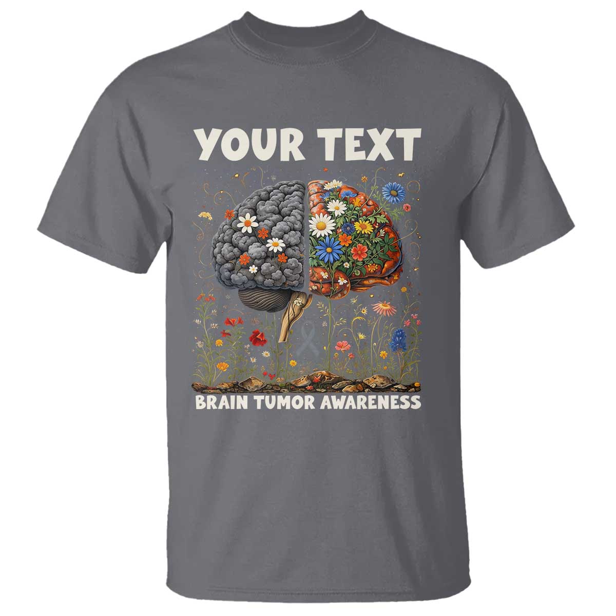 Personalized Brain Tumor Warrior T Shirt Custom Name Gray Ribbon Brain Cancer Awareness TS10 Charcoal Print Your Wear
