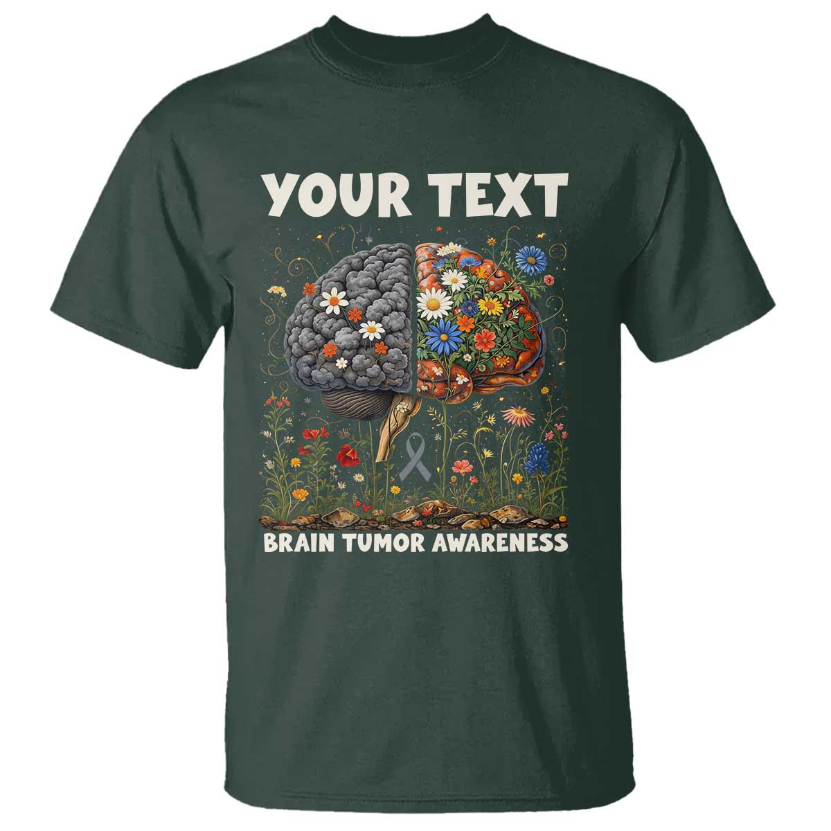 Personalized Brain Tumor Warrior T Shirt Custom Name Gray Ribbon Brain Cancer Awareness TS10 Dark Forest Green Print Your Wear