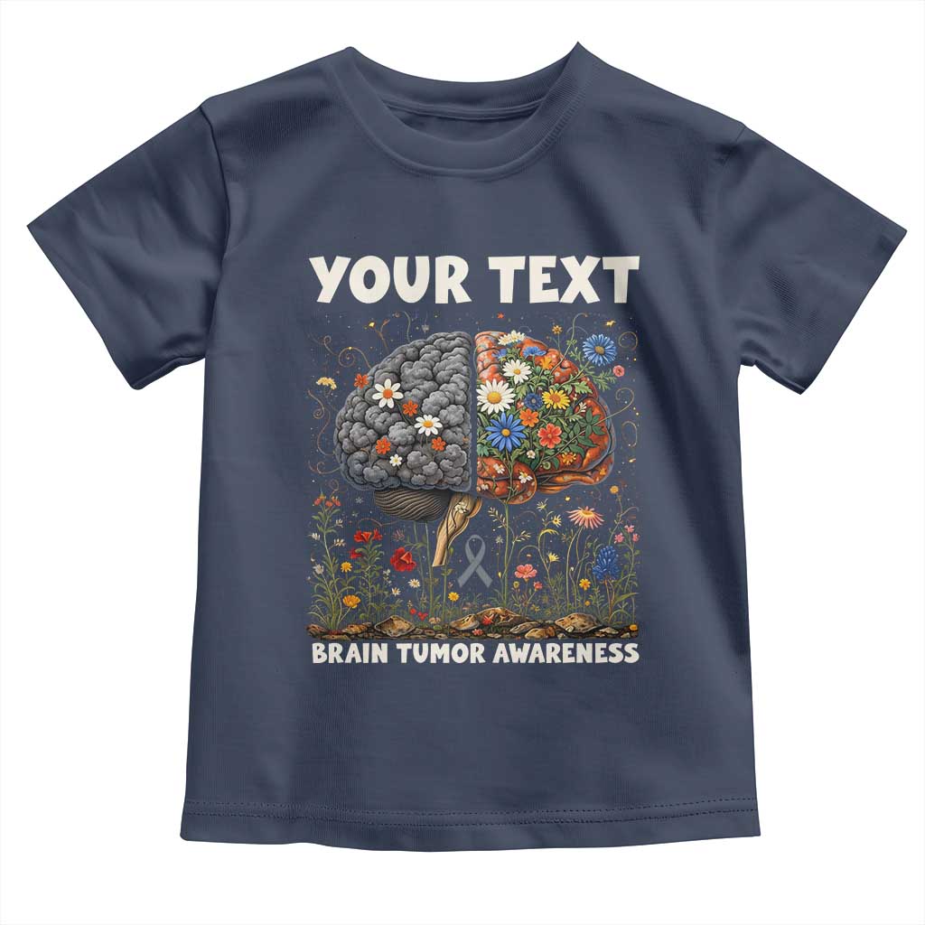 Personalized Brain Tumor Warrior Toddler T Shirt Custom Name Gray Ribbon Brain Cancer Awareness TS10 Navy Print Your Wear