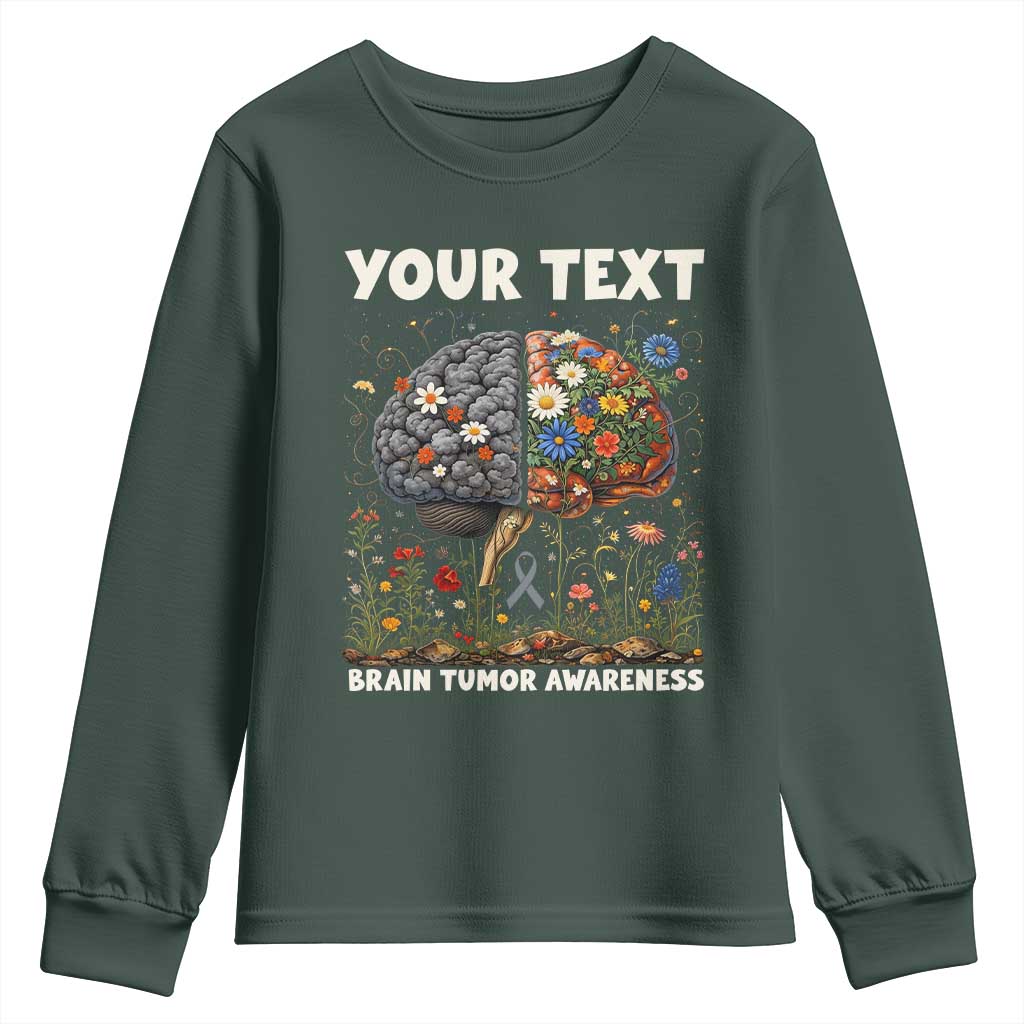 Personalized Brain Tumor Warrior Youth Sweatshirt Custom Name Gray Ribbon Brain Cancer Awareness TS10 Dark Forest Green Print Your Wear