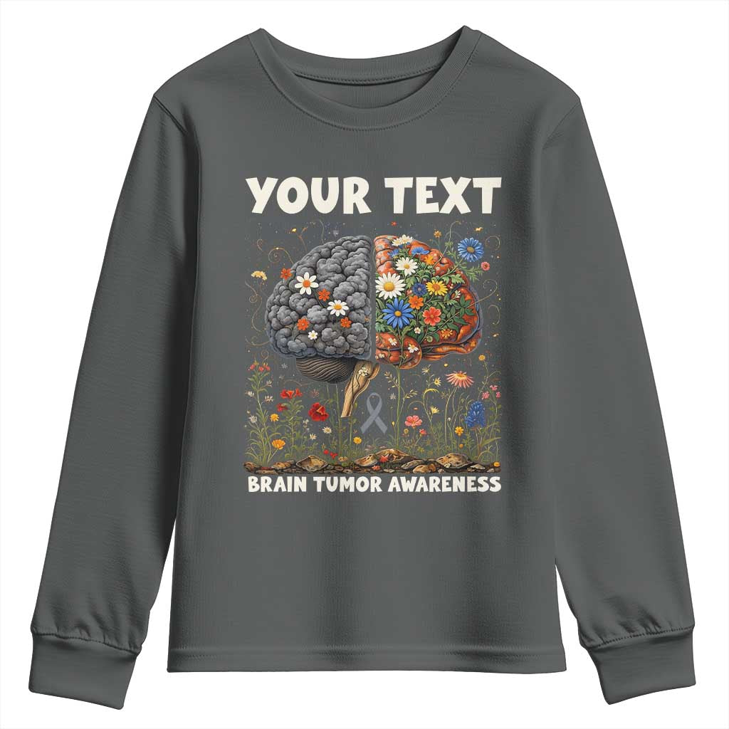 Personalized Brain Tumor Warrior Youth Sweatshirt Custom Name Gray Ribbon Brain Cancer Awareness TS10 Dark Heather Print Your Wear