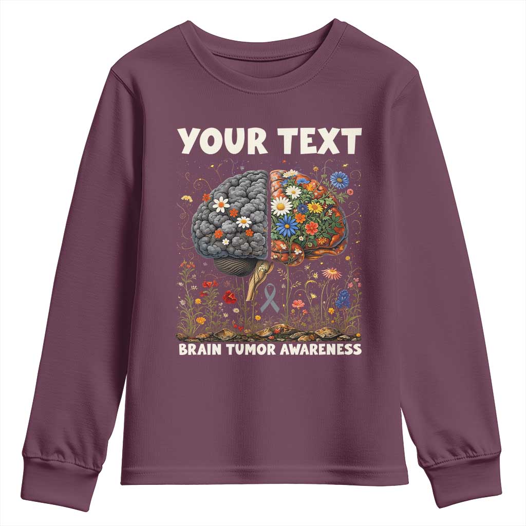 Personalized Brain Tumor Warrior Youth Sweatshirt Custom Name Gray Ribbon Brain Cancer Awareness TS10 Maroon Print Your Wear