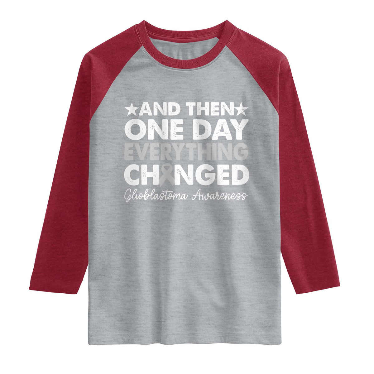 Glioblastoma Awareness Raglan Shirt Retro Fight Brain Tumor Cure Gray Ribbon TS10 Heather Gray Heather Red Print Your Wear