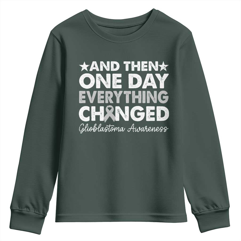 Glioblastoma Awareness Youth Sweatshirt Retro Fight Brain Tumor Cure Gray Ribbon TS10 Dark Forest Green Print Your Wear