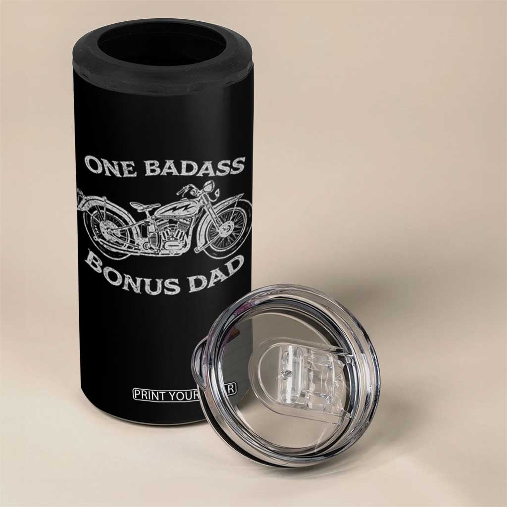 One Badass Bonus Dad 4 in 1 Can Cooler Tumbler Funny Stepdad Motorcycle Graphic Mens Biker TS10 Print Your Wear