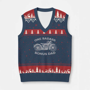 One Badass Bonus Dad V-Neck Knit Sweater Vest Funny Stepdad Motorcycle Graphic Mens Biker TS10 Navy Red Print Your Wear