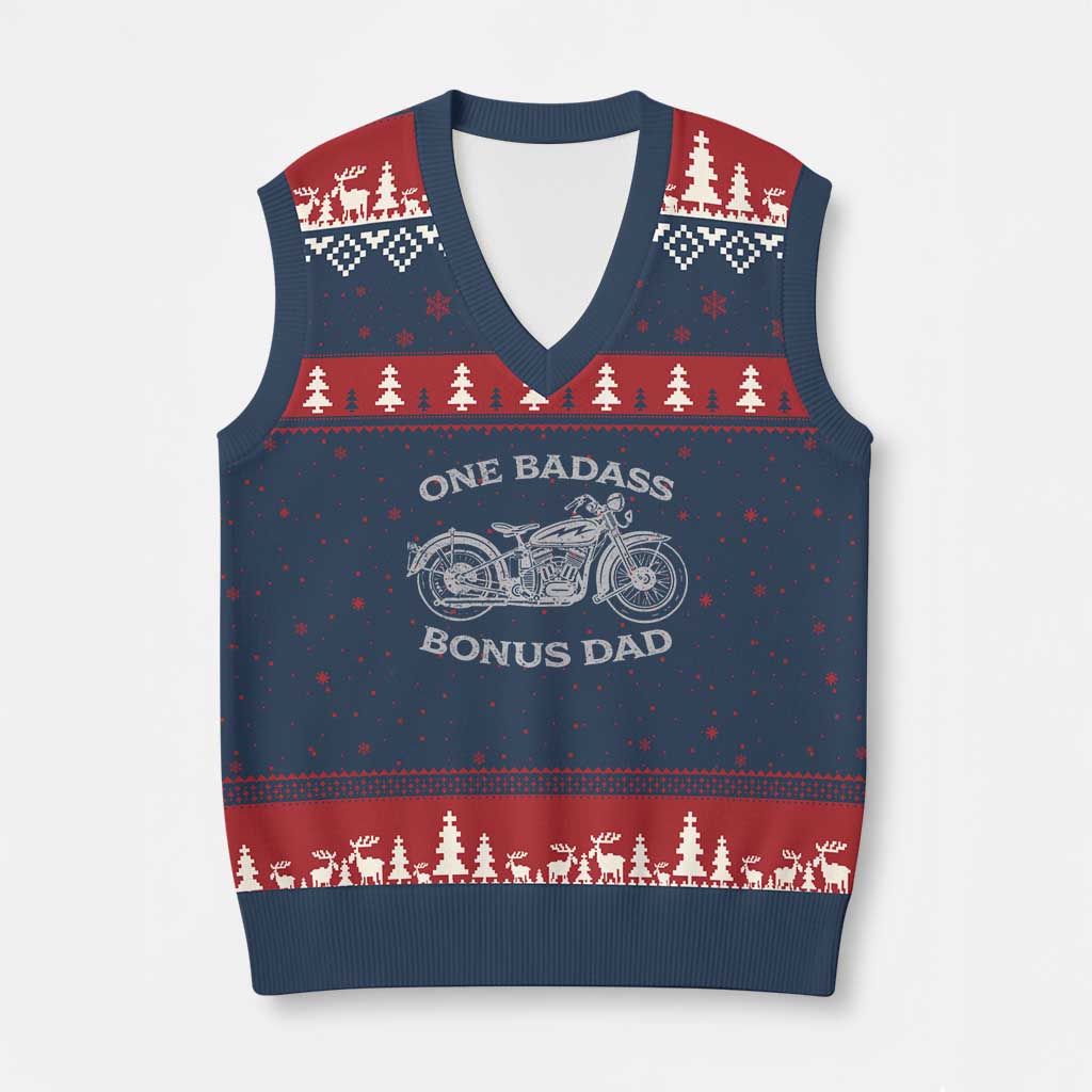 One Badass Bonus Dad V-Neck Knit Sweater Vest Funny Stepdad Motorcycle Graphic Mens Biker TS10 Navy Red Print Your Wear