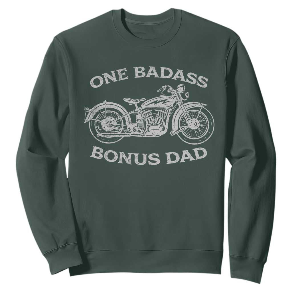 One Badass Bonus Dad Sweatshirt Funny Stepdad Motorcycle Graphic Mens Biker TS10 Dark Forest Green Print Your Wear