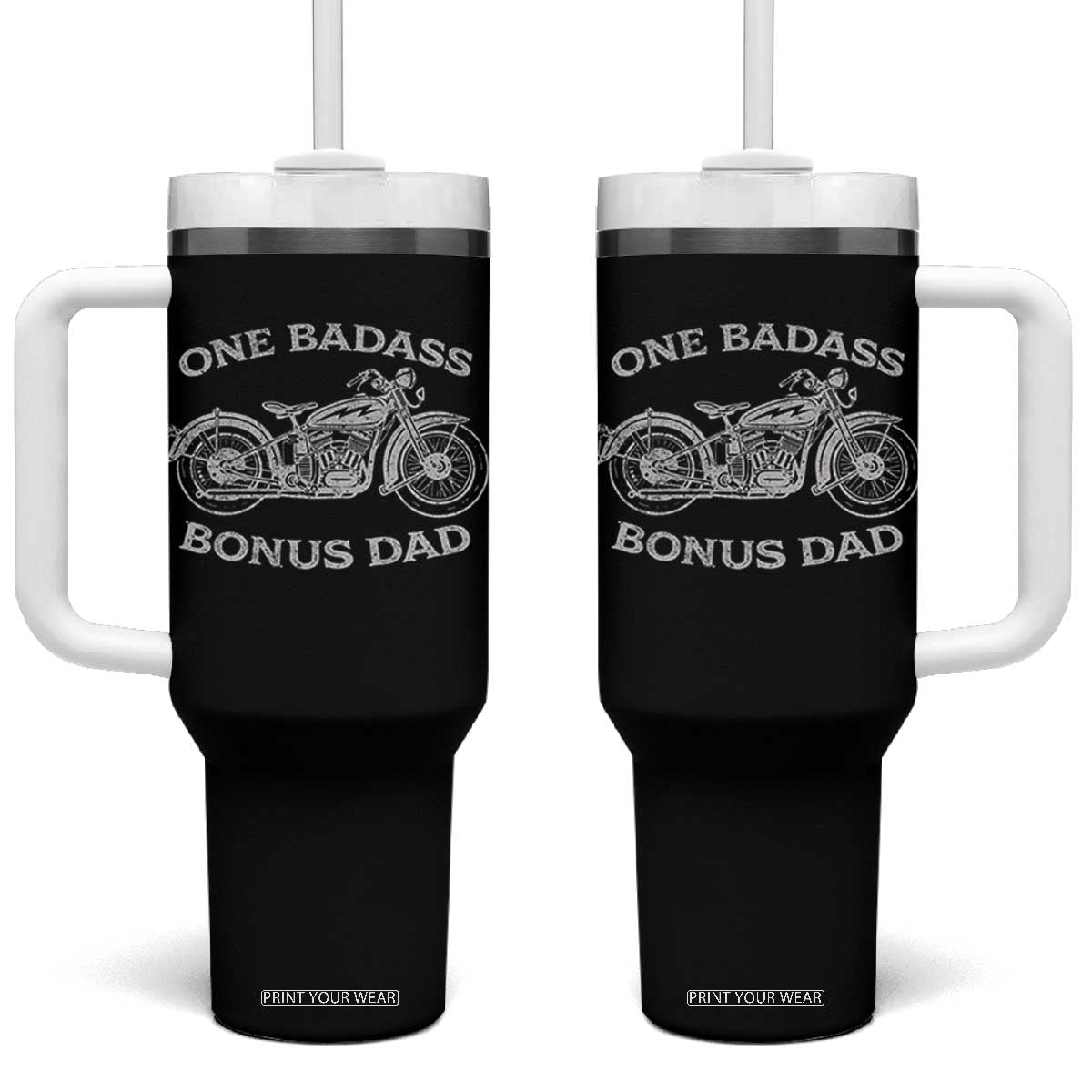 One Badass Bonus Dad Tumbler With Handle Funny Stepdad Motorcycle Graphic Mens Biker TS10 One Size: 40 oz Black Print Your Wear